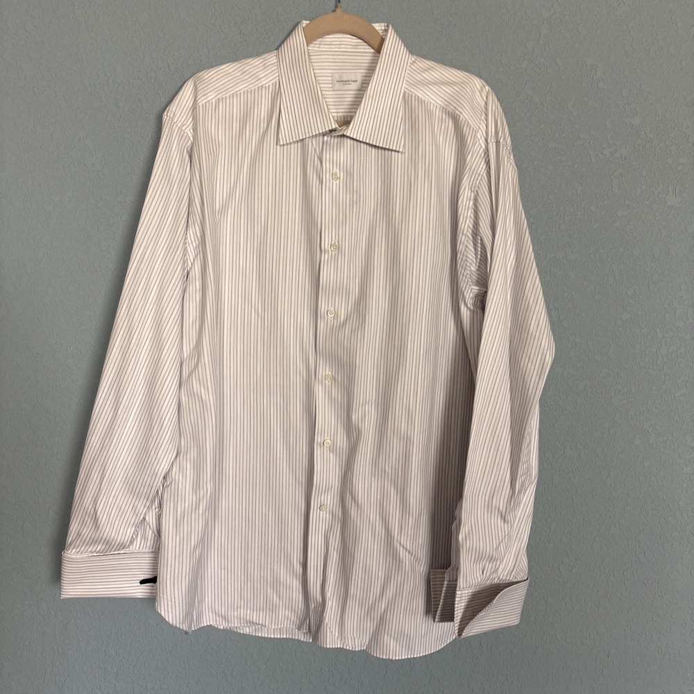 Ermenegildo Zegna Sumisura Dress Shirt Light Blue Tan Stripe Cotton Mens XXL